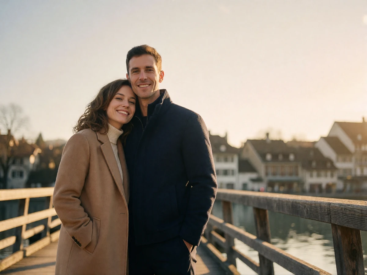 Couple standing close together on a wooden footbridge in Lucerne, both smiling warmly toward the camera