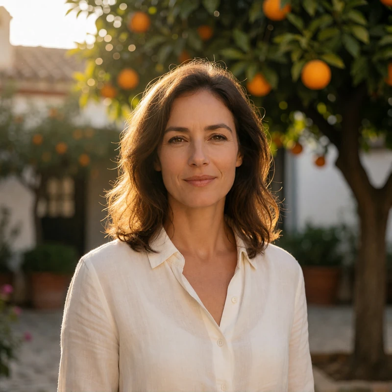 Friendly Spanish woman in her early forties with sun-lit brown hair and a white linen shirt near a blurred orange-tree courtyard