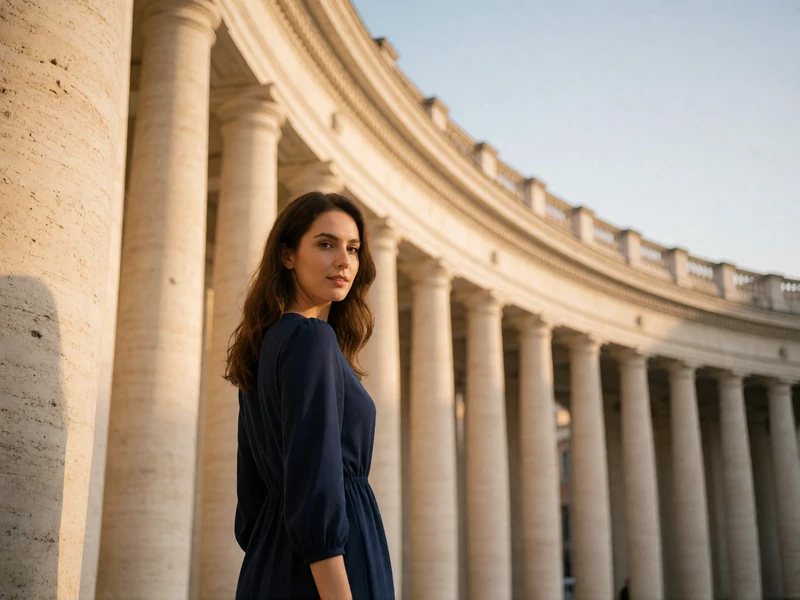 Woman in a soft navy dress standing beneath a grand stone colonnade in Rome