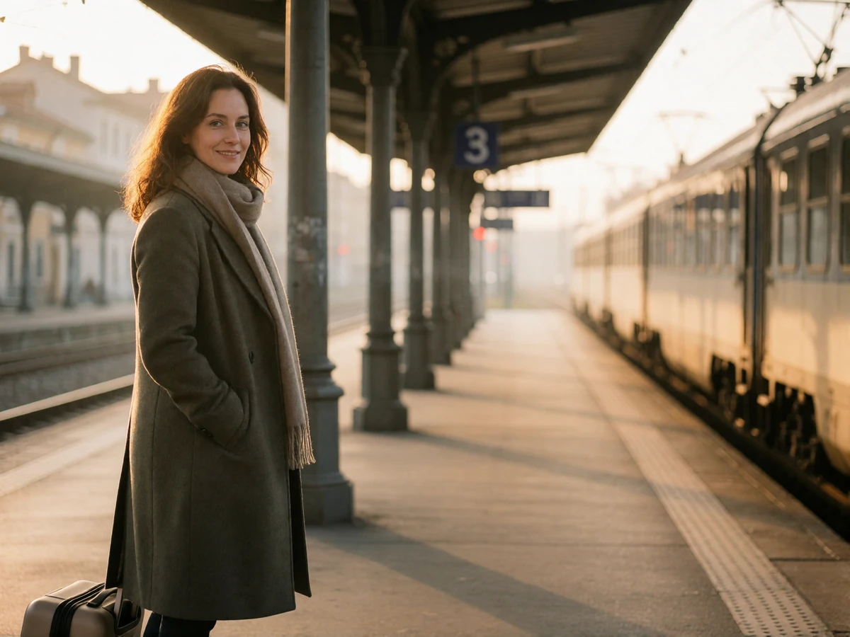 Woman turning back with a warm smile on a European railway platform beside a suitcase before departure
