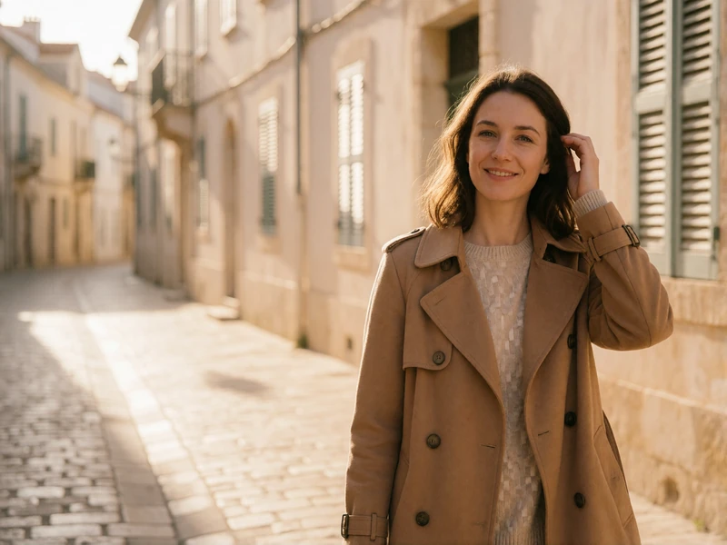 Woman in a camel trench coat walking along a sunlit cobblestone lane between pale stone buildings