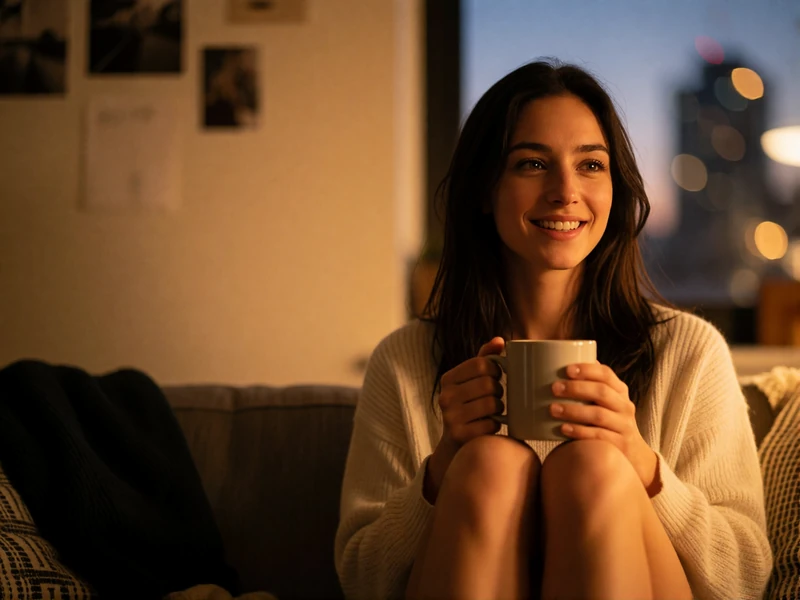 Woman smiling warmly while sitting on a sofa with a mug in a softly lit apartment at dusk