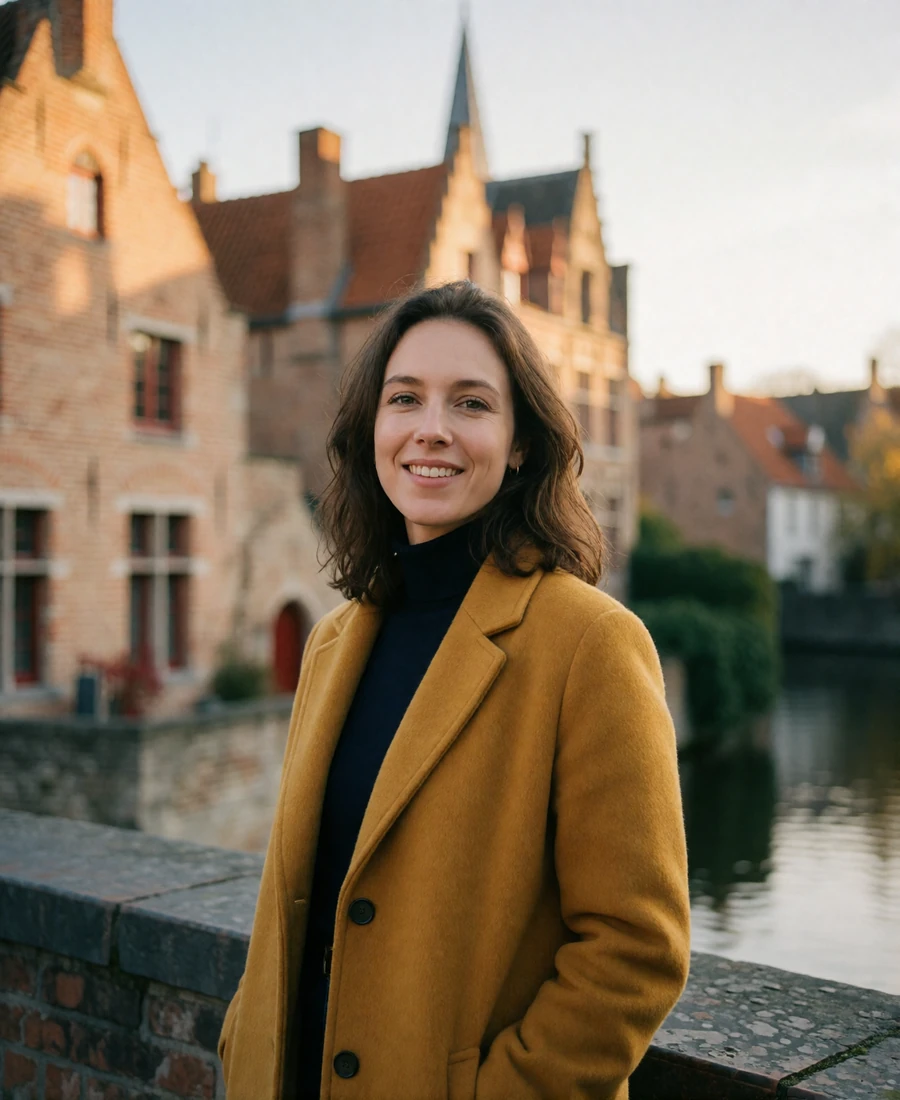 Belgian woman in a mustard coat smiling on a canal bridge in Bruges