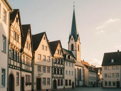 Half-timbered Western European old-town square in warm late-afternoon light