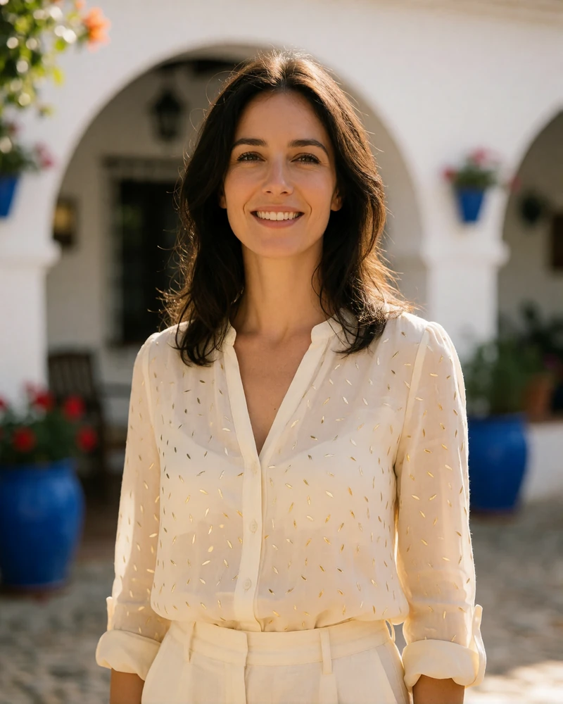 Spanish woman in a cream blouse standing in a sunlit Andalusian patio