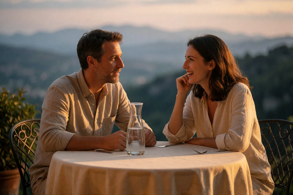 Couple sharing a long unhurried dinner at a terrace table overlooking the valley below San Marino