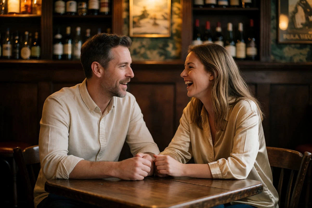 Couple in their forties laughing together at a wooden table inside a warm traditional Irish pub