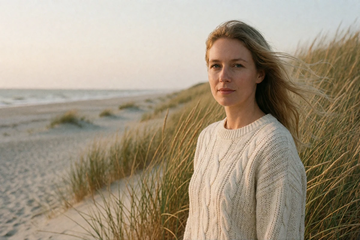 Calm Dutch woman with light blonde hair standing among North Sea dune grass, looking toward the camera