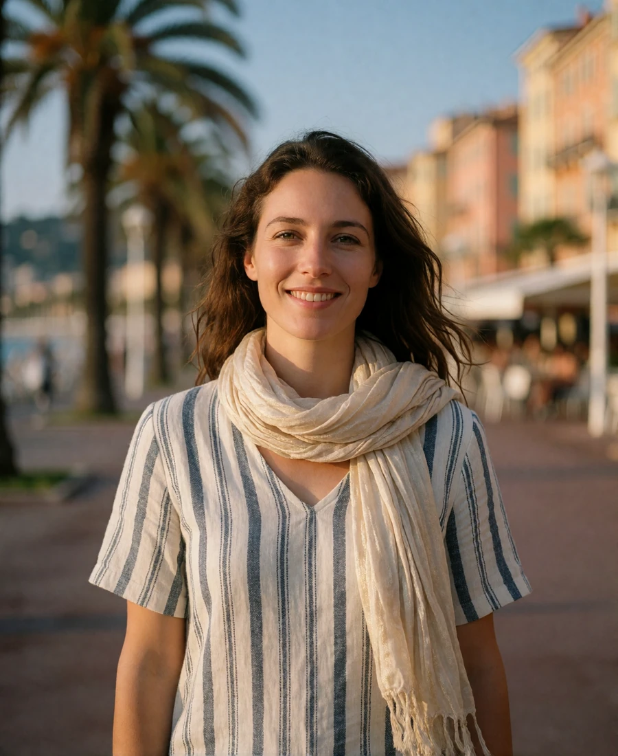 French woman in a striped linen top smiling on a Nice seafront walkway with palms in the background