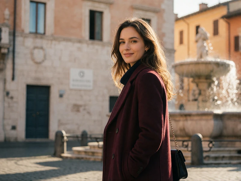 Italian woman in a burgundy coat standing in a historic piazza with a fountain softly blurred behind her