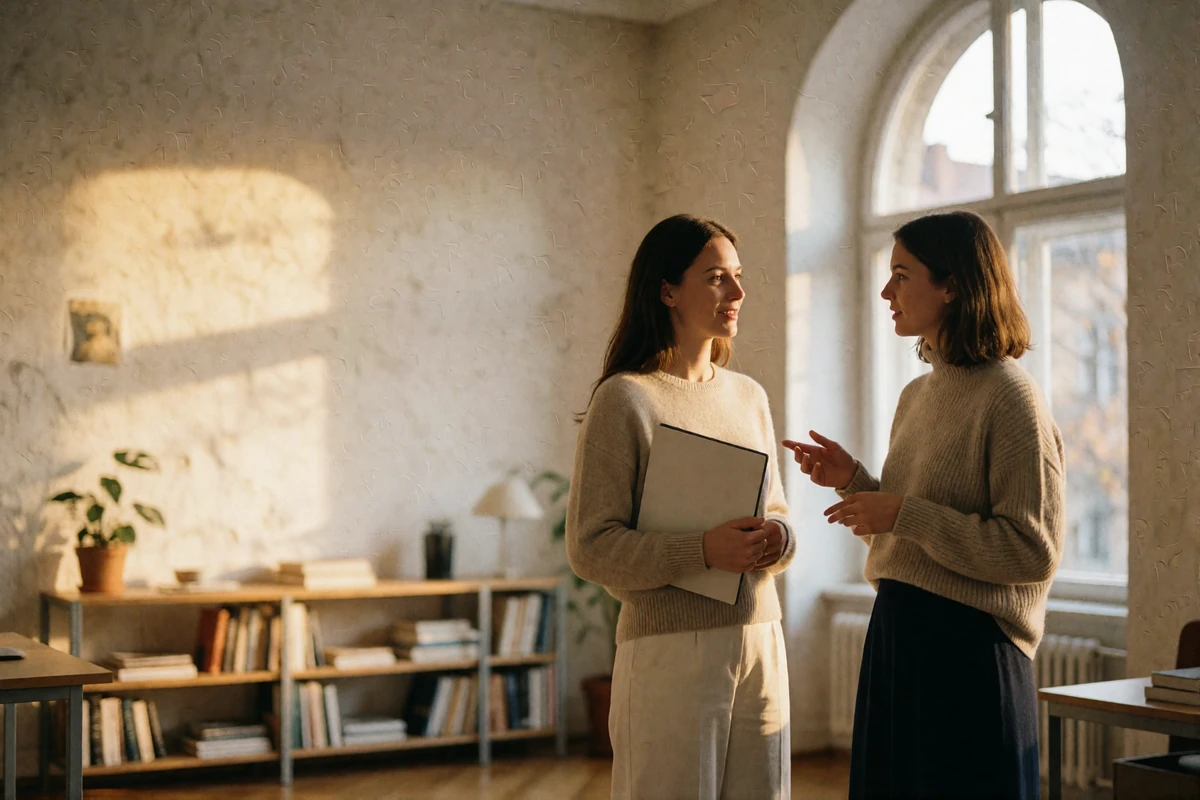 Two women in soft knitwear talking beside a tall arched office window in warm afternoon light