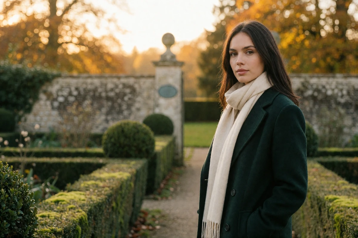 British woman in a forest-green wool coat standing on a stone path in an English country garden