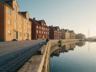 Nordic harbour street with ochre waterfront buildings reflected in still water