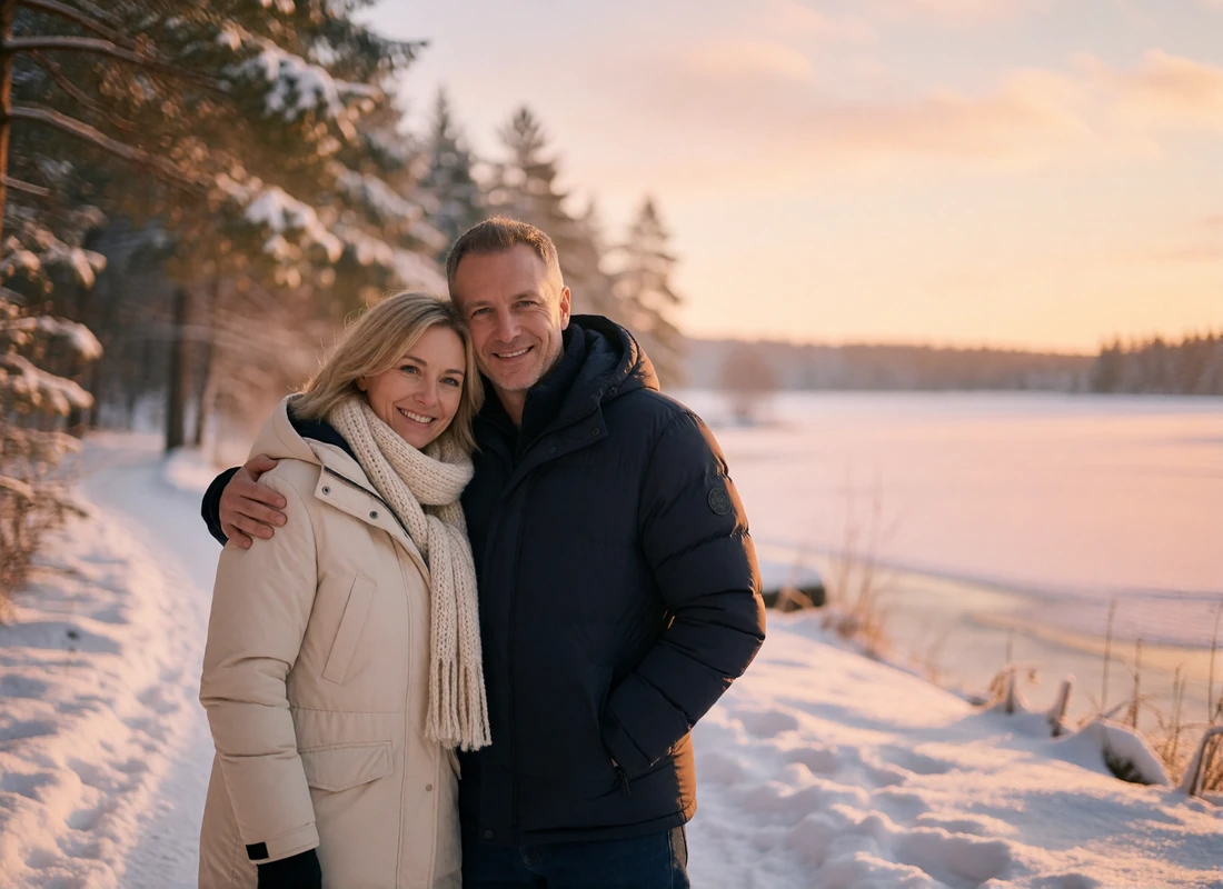 Couple in their forties standing close together on a snowy lakeside path at golden hour