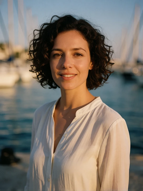 Cypriot woman in a white blouse smiling at a Limassol marina at golden hour