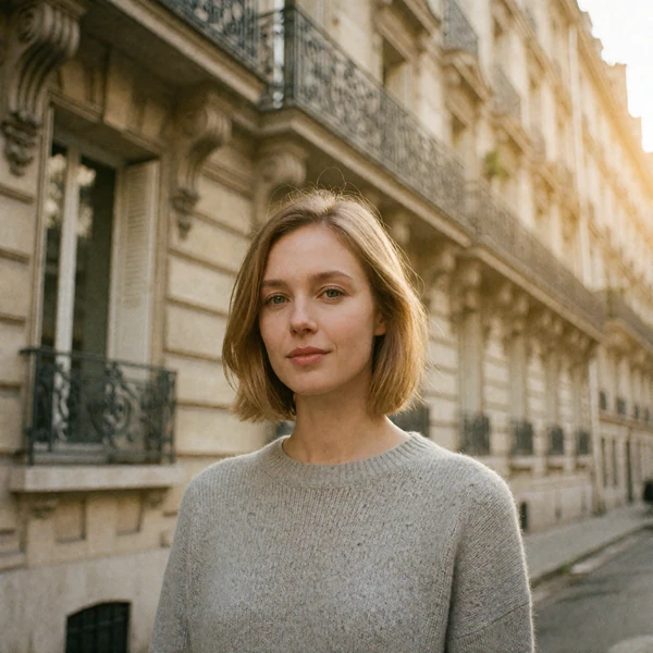 French woman with a blonde bob on a Parisian street with Haussmann facades behind her