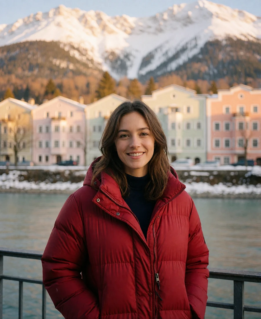 Austrian woman in a deep red padded jacket on an Innsbruck riverside walk with snow-dusted peaks behind her