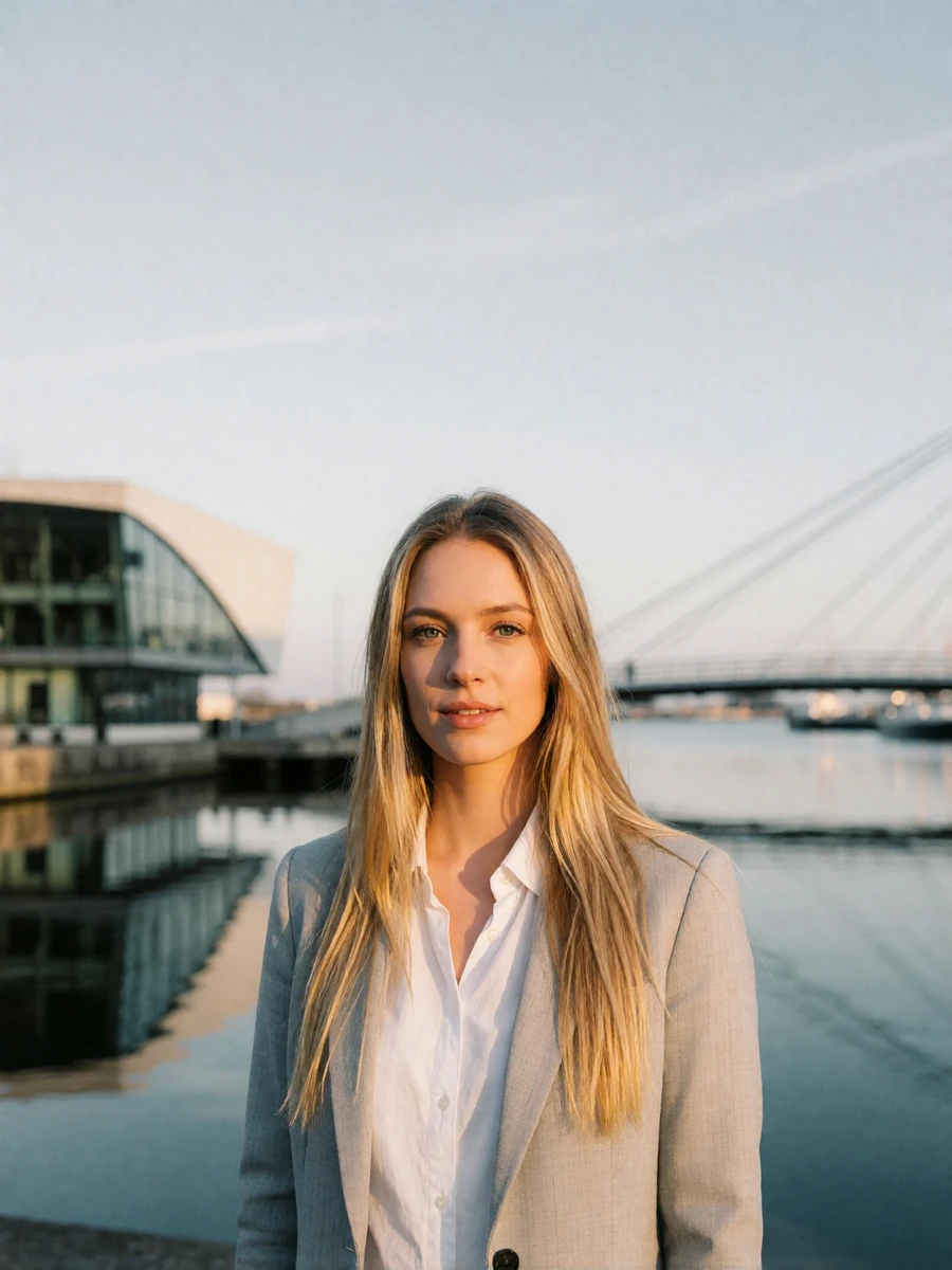 Dutch woman in a light grey blazer standing on a modern Dutch waterfront