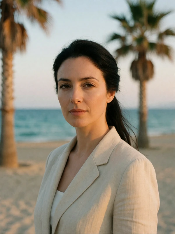 Cypriot woman in a beige linen jacket on the Larnaca palm-lined seafront promenade
