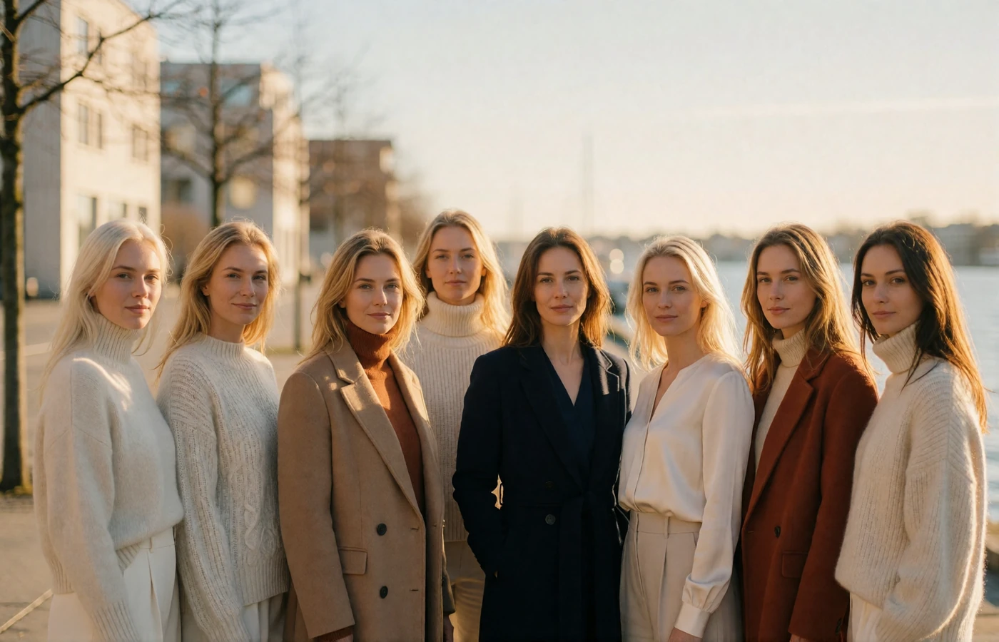 Eight Norwegian women in tasteful contemporary coats and knitwear standing along a sunlit Oslo waterfront promenade