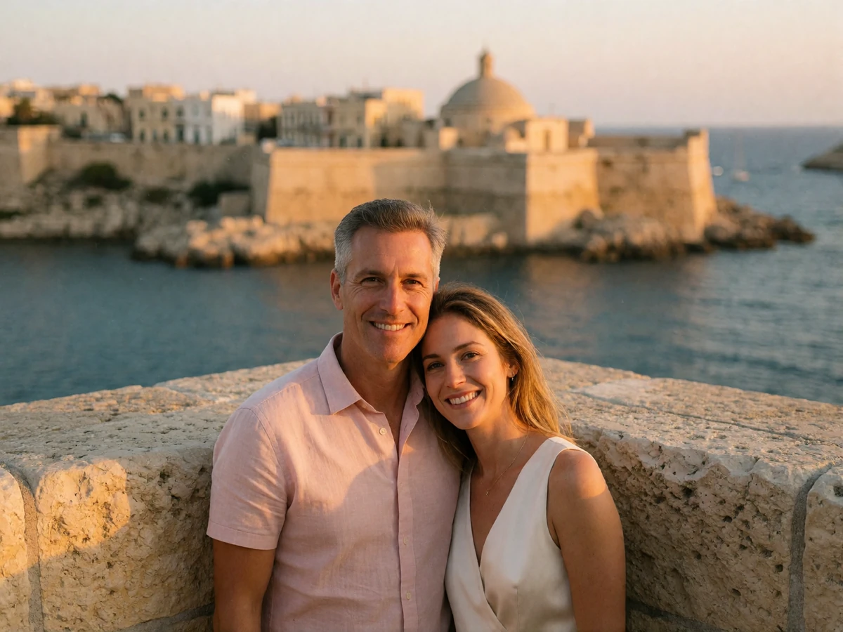 Couple in their forties standing close together on a limestone bastion overlooking a Maltese harbour at sunset