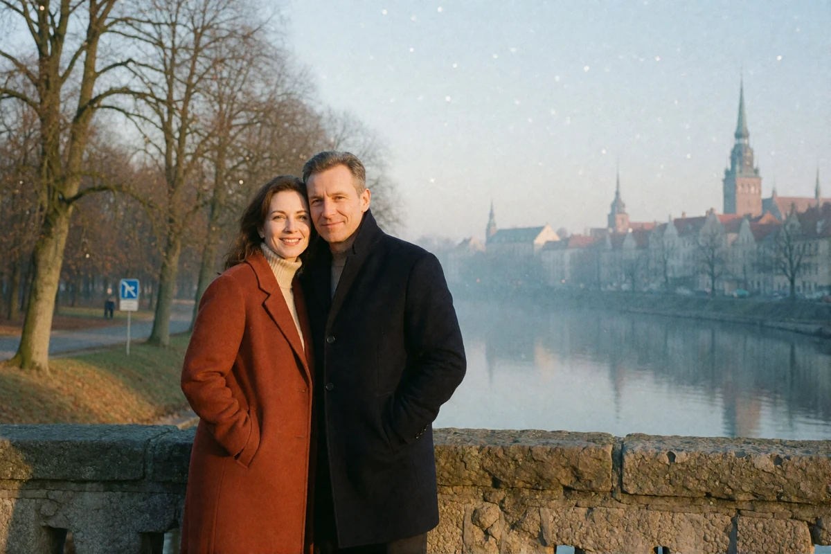 Couple in their forties smiling together on a stone bridge over a river in a historic Baltic city
