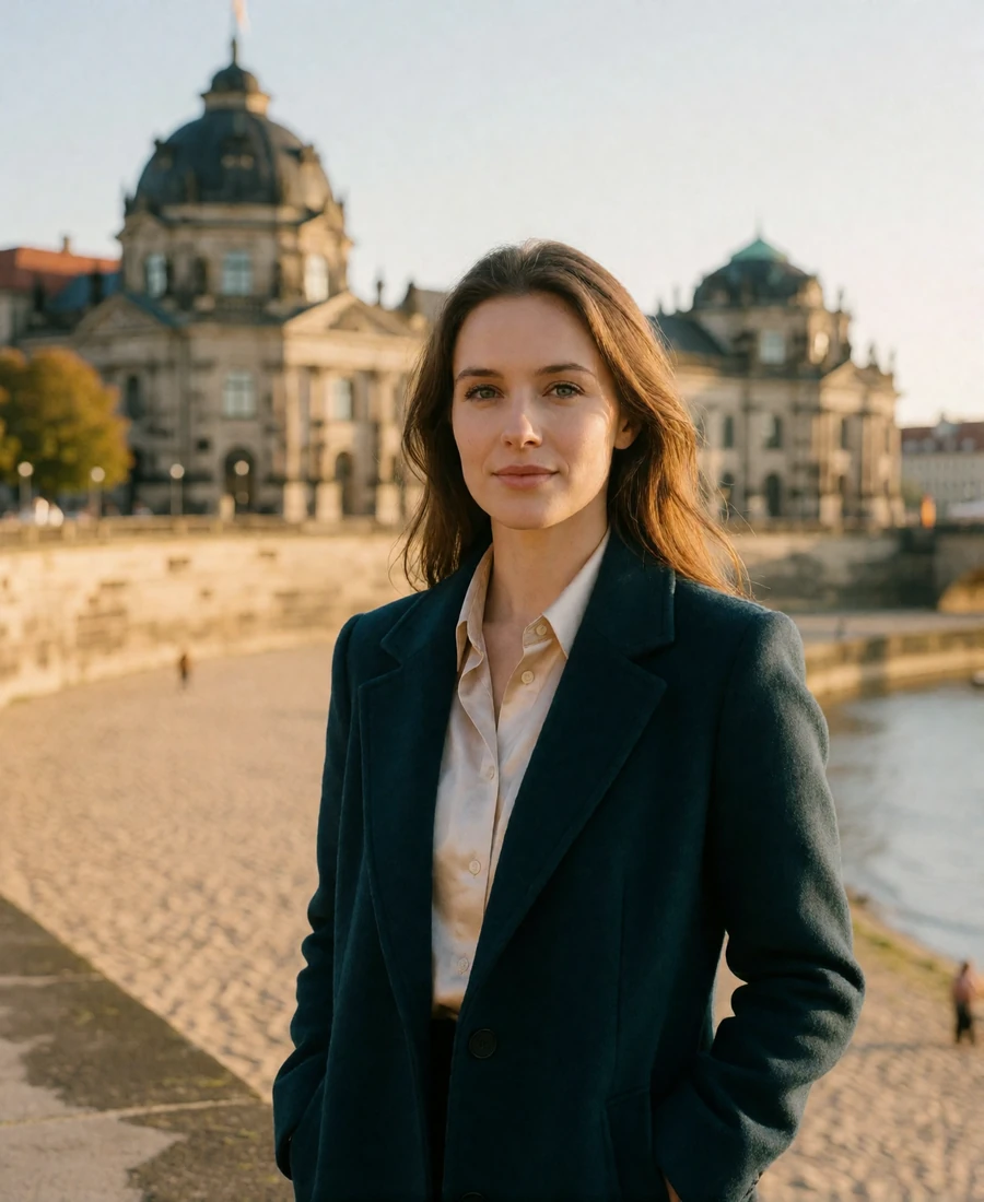German woman in a dark teal coat standing on a riverside terrace in Dresden