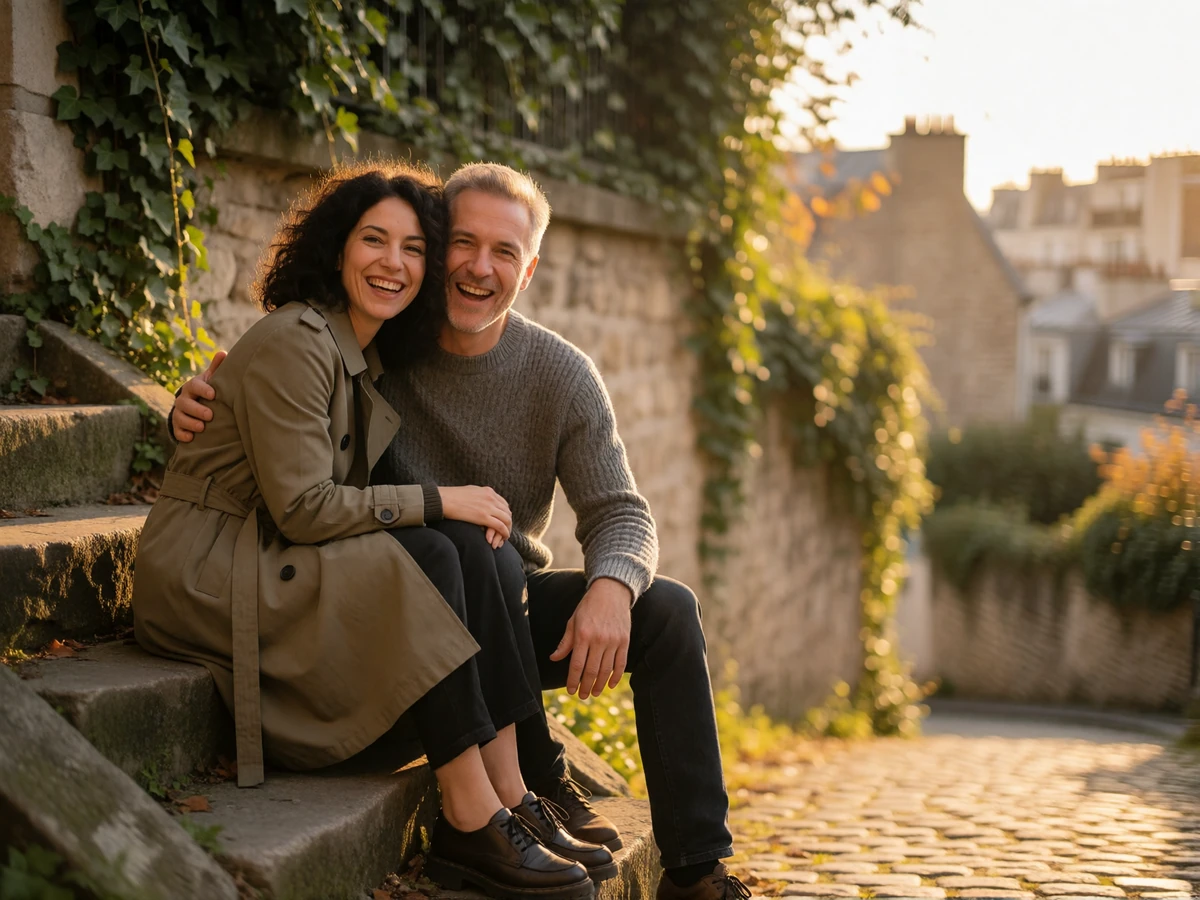 Couple in their forties laughing together on worn stone steps in a hillside Paris neighbourhood