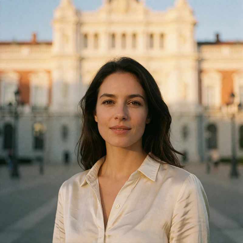 Warm Spanish woman in her mid-thirties with dark hair and a cream blouse smiling in front of blurred neoclassical Madrid architecture