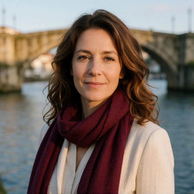 Portuguese woman with wavy chestnut hair and a burgundy scarf smiling near the Douro riverfront