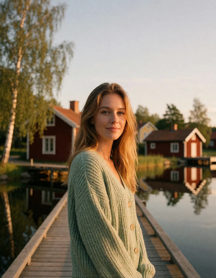 Swedish woman in a sage-green cardigan standing on a pier of a small lakeside town at golden hour
