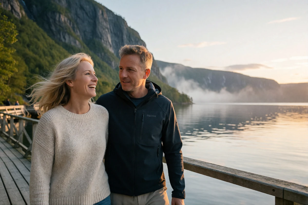 Couple in their late thirties walking together along a wooden fjord-side boardwalk in soft golden light