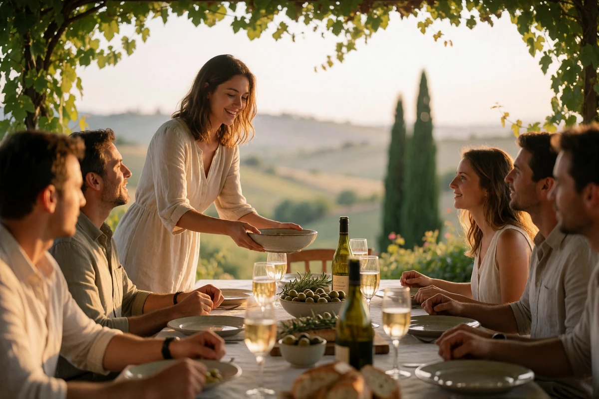 Family gathered around a long outdoor dinner table on a vine-shaded Tuscan terrace, sharing food together