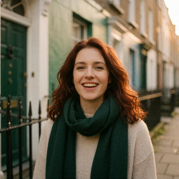 Irish woman with auburn hair and a green scarf laughing on a Dublin side street