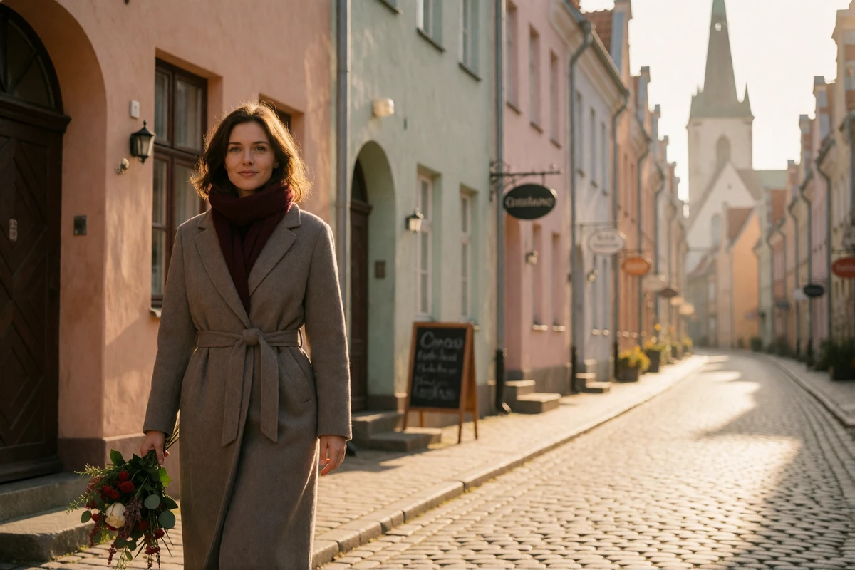 Woman walking with a small bouquet along a pastel-coloured Baltic old-town street in autumn