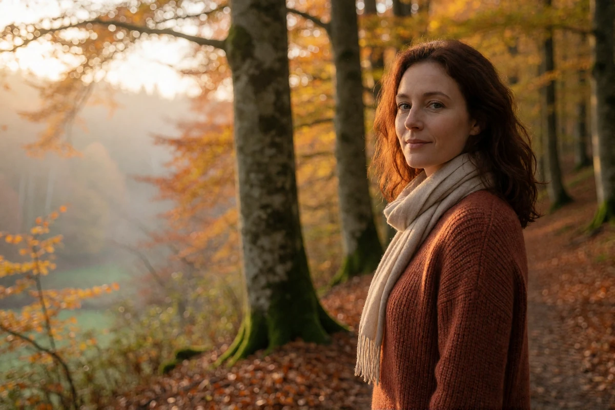 Belgian woman in a rust-colored knit standing on a forest path in the Ardennes with soft autumn light