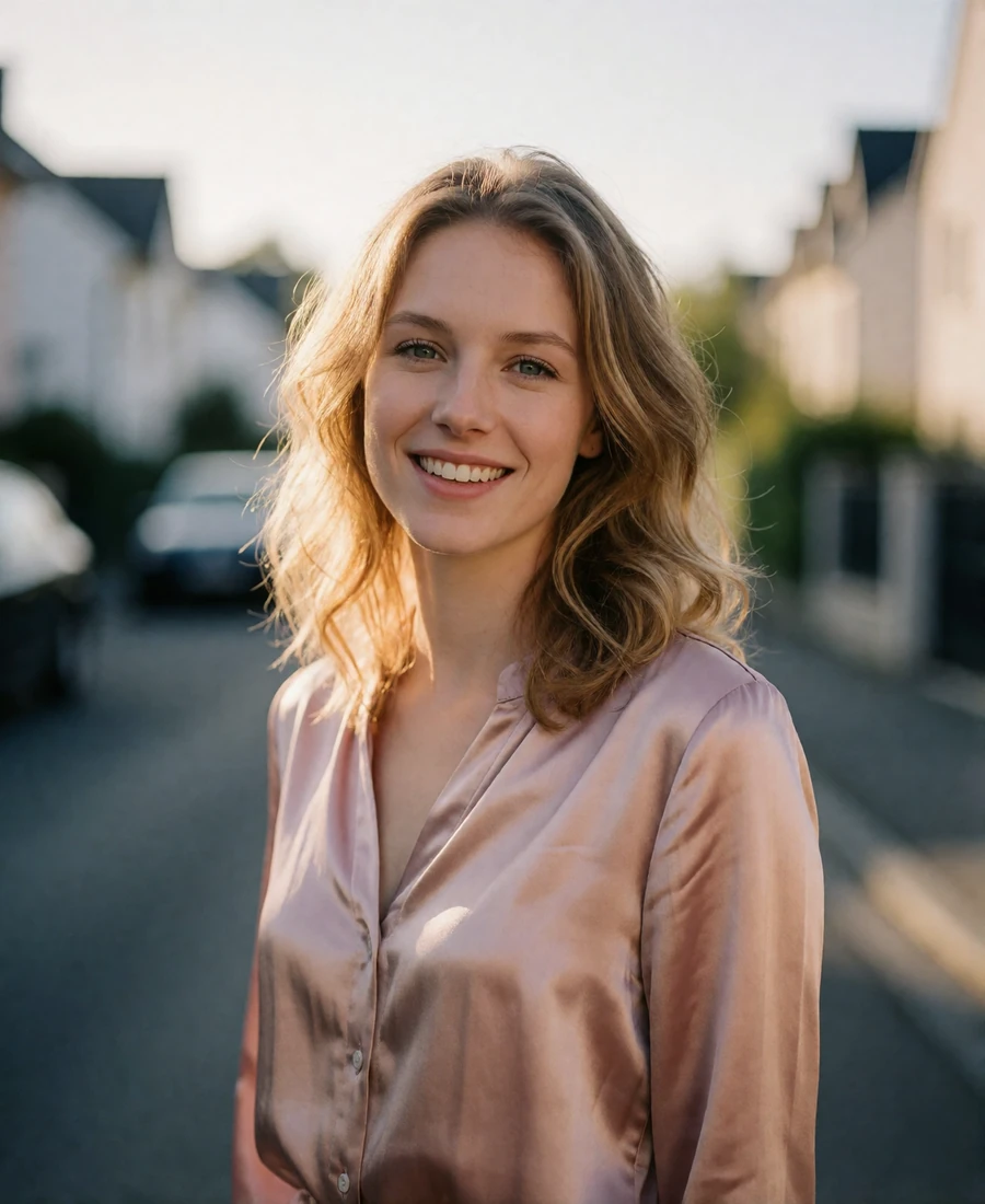 Woman with wavy light blonde hair smiling on a quiet residential street in southern Luxembourg