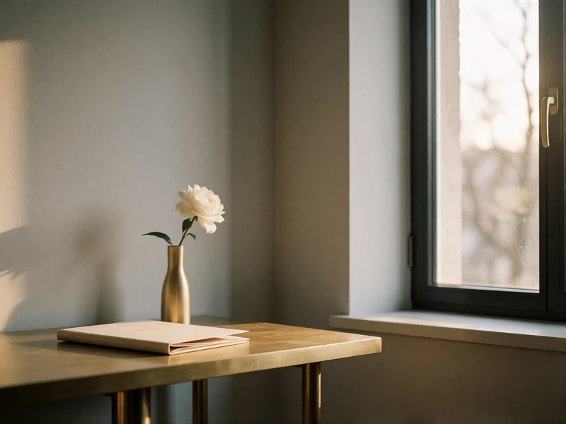 Quiet, orderly office corner with a low table and a single white bloom, suggesting a calm and considered approach to trust