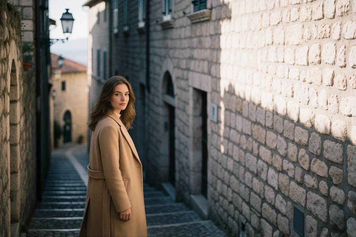 Woman in a camel wool coat walking up a narrow medieval stone lane in the historic centre of San Marino