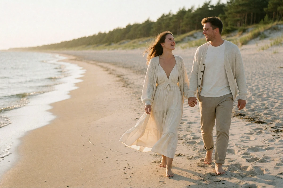 Couple walking barefoot together along a Baltic Sea beach near Jūrmala in warm evening light