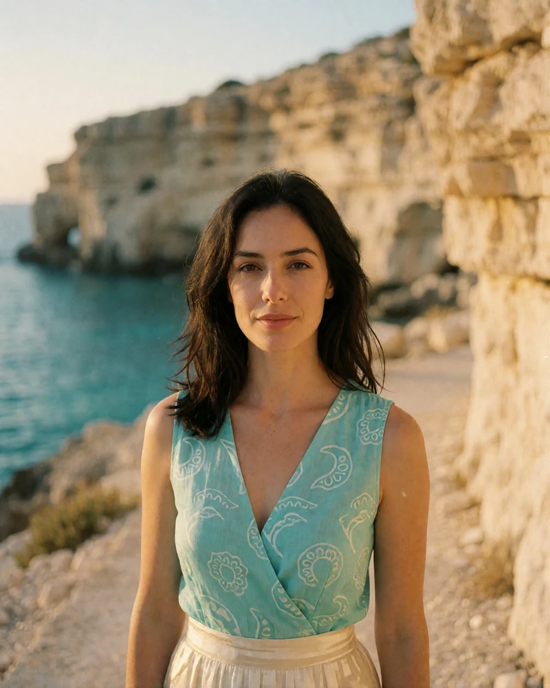 Warm Cypriot woman in her thirties in a turquoise top on a Mediterranean coastal path
