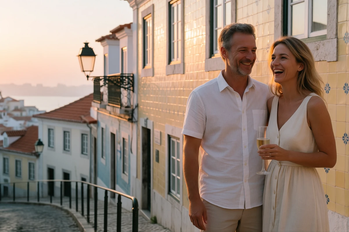 Couple smiling together on a steep Lisbon street in soft evening light