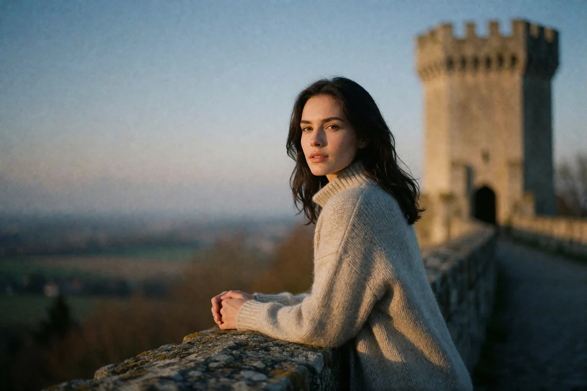 Poised woman in a soft grey knit leaning on a stone parapet above the San Marino countryside near a medieval tower