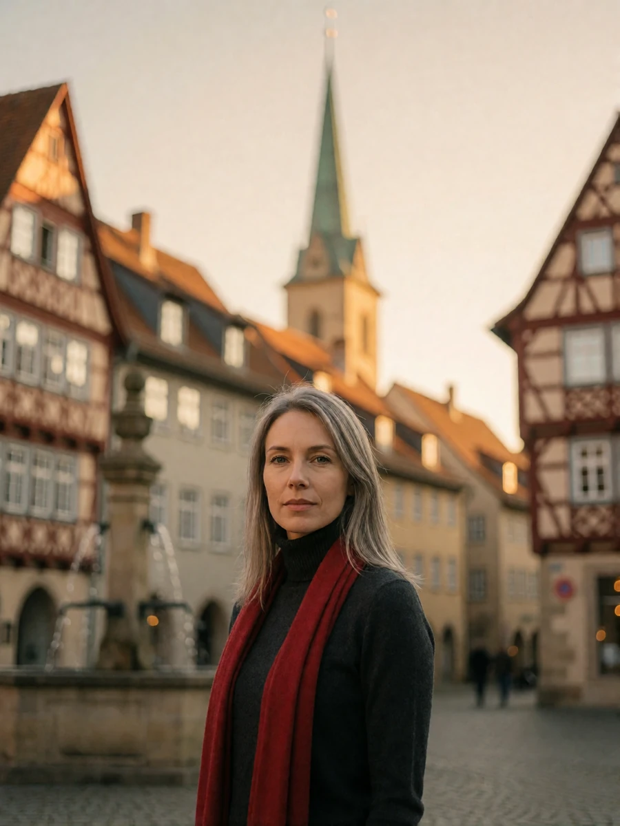 German woman in a charcoal turtleneck and red scarf standing in a historic German old-town square