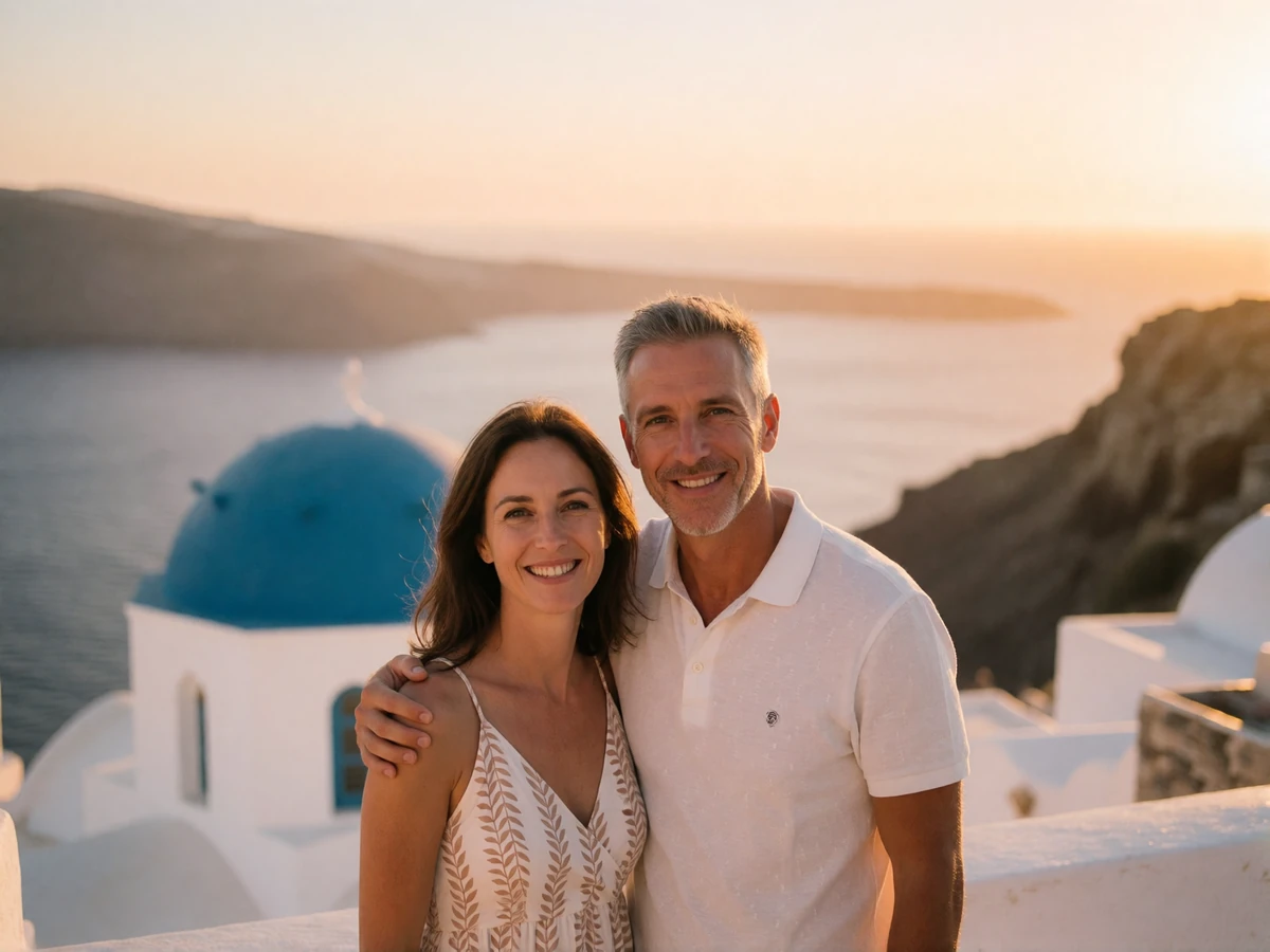 Couple in their forties smiling together on a whitewashed island terrace in Greece at sunset