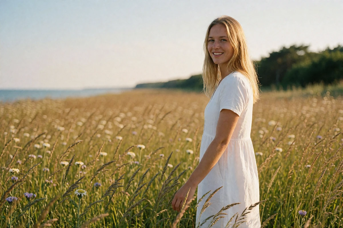 Swedish woman in a white cotton dress smiling in a sunlit coastal summer meadow