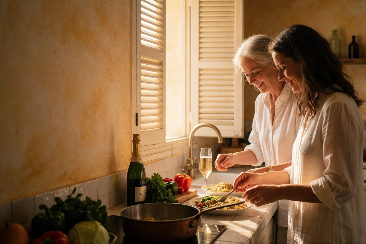 A Spanish woman and an older relative preparing a shared meal together in a sunlit Valencian kitchen