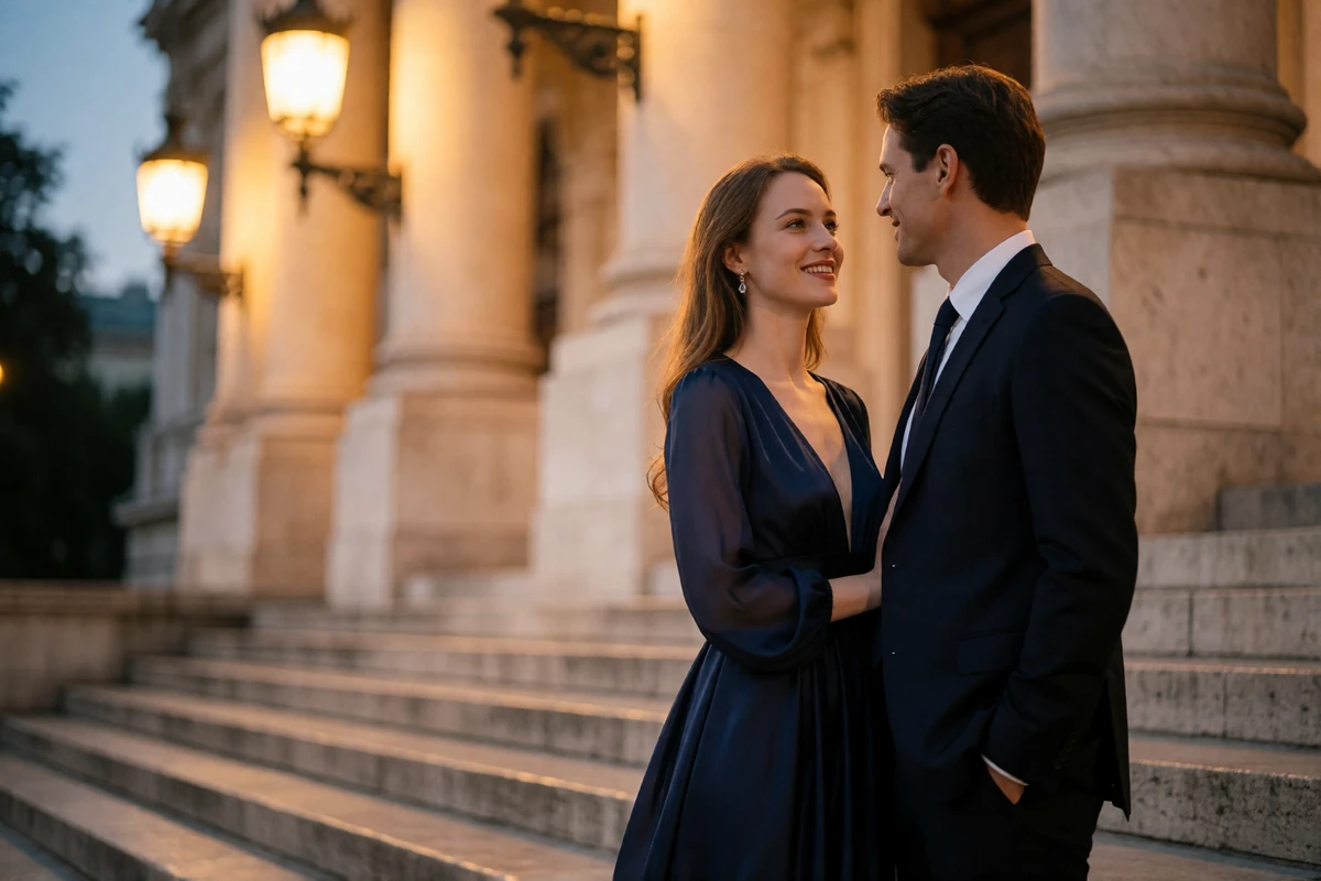 Elegantly dressed Austrian woman in a navy evening dress beside her partner on the steps of a classical Vienna concert building at dusk