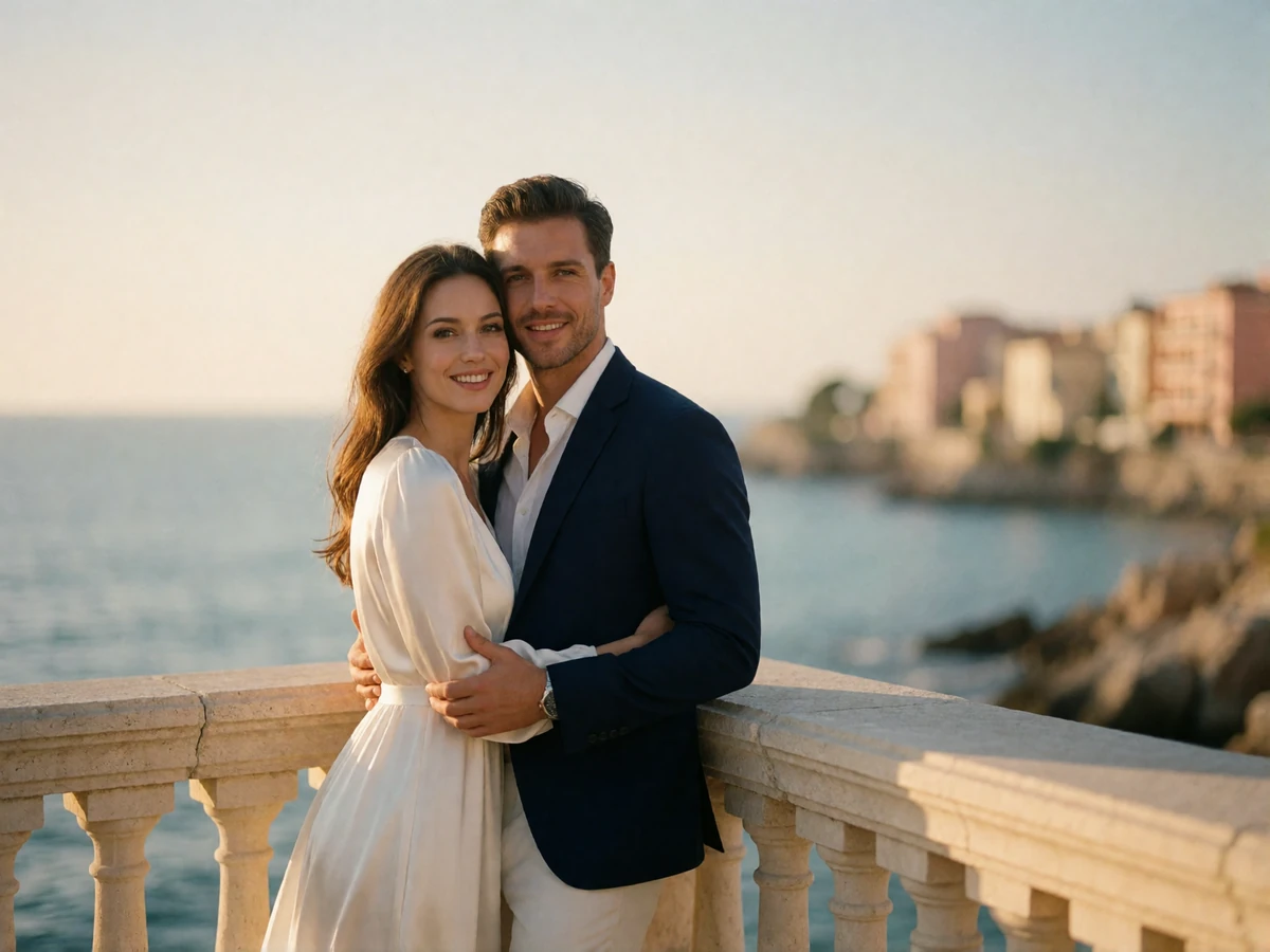 Couple standing close together on a seafront balustrade above the Mediterranean at golden hour