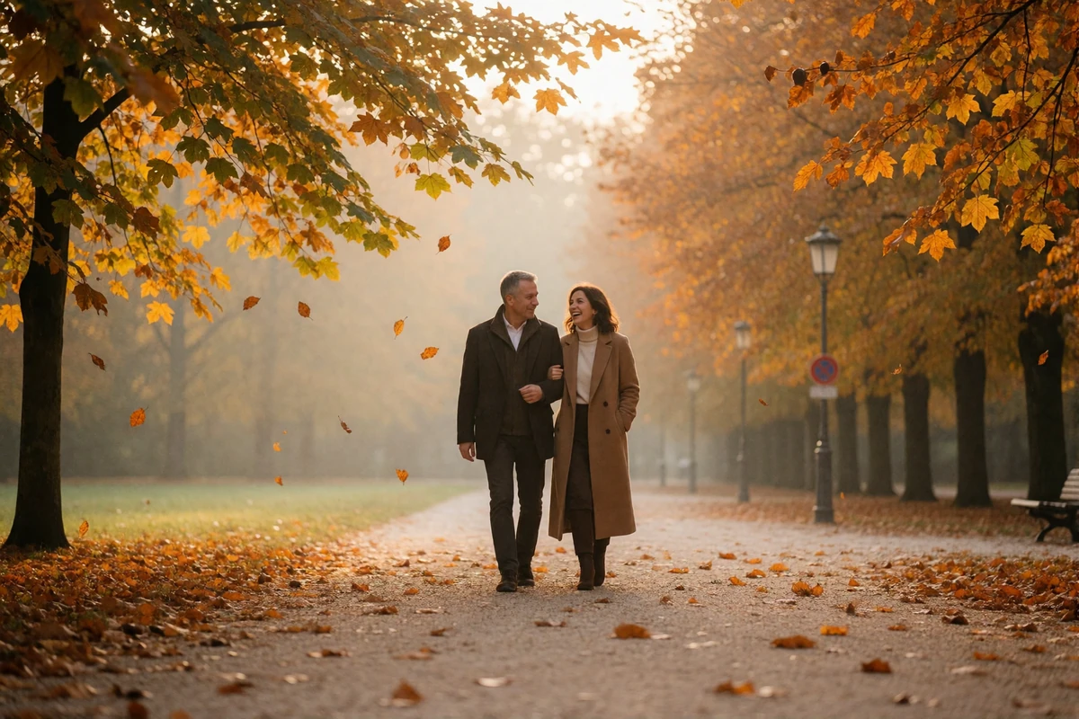 Couple walking arm in arm along a gravel path through a golden autumn park lined with maple trees